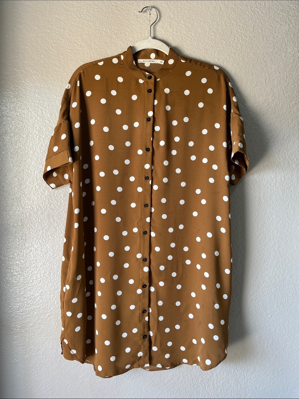 Ellison Brown White Polka Dot Short Sleeve Button-Front Dress Sz S Lightweight